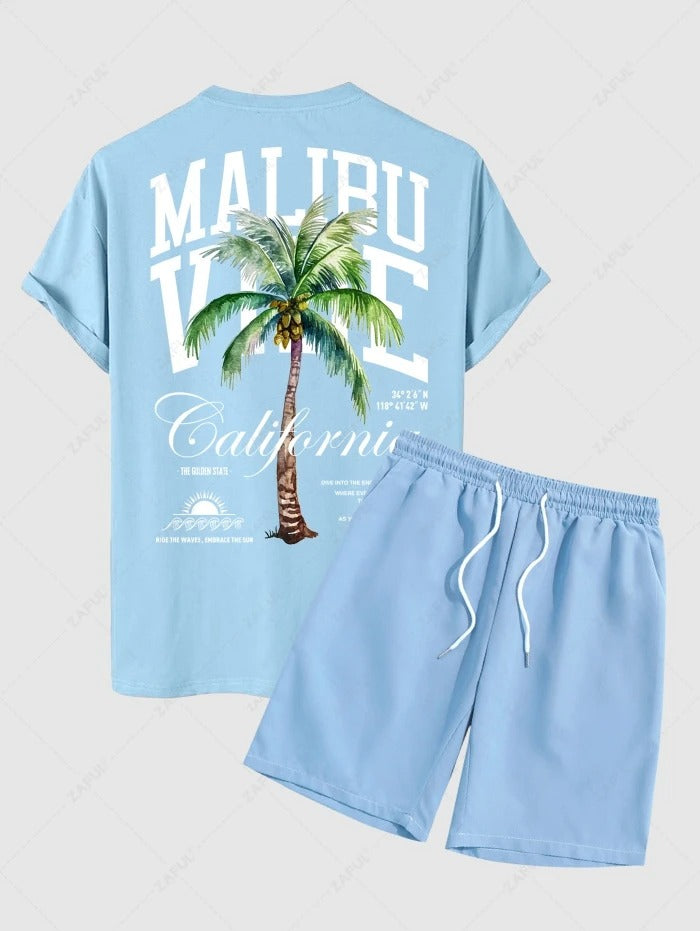 The Hudson Wells – Coconut Tree Sunrise Tee & Solid Casual Shorts in Blue