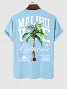 The Hudson Wells – Coconut Tree Sunrise Tee & Solid Casual Shorts in Blue
