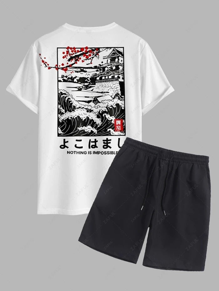 The Kenji Mori – Plum Blossom Tee & Casual Shorts in Light Coffee