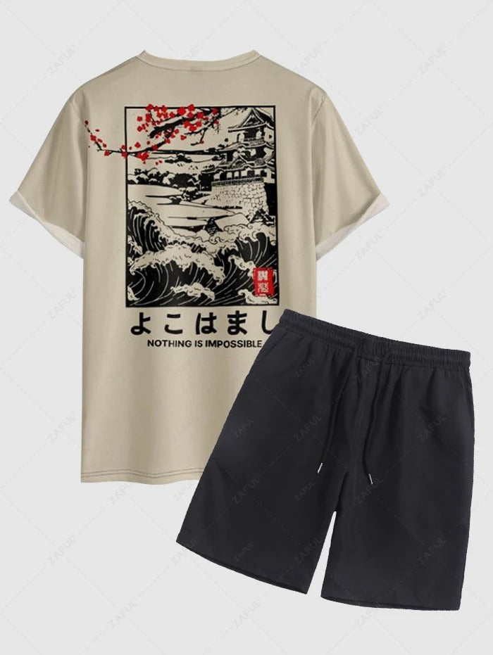 The Kenji Mori – Plum Blossom Tee & Casual Shorts in Light Coffee