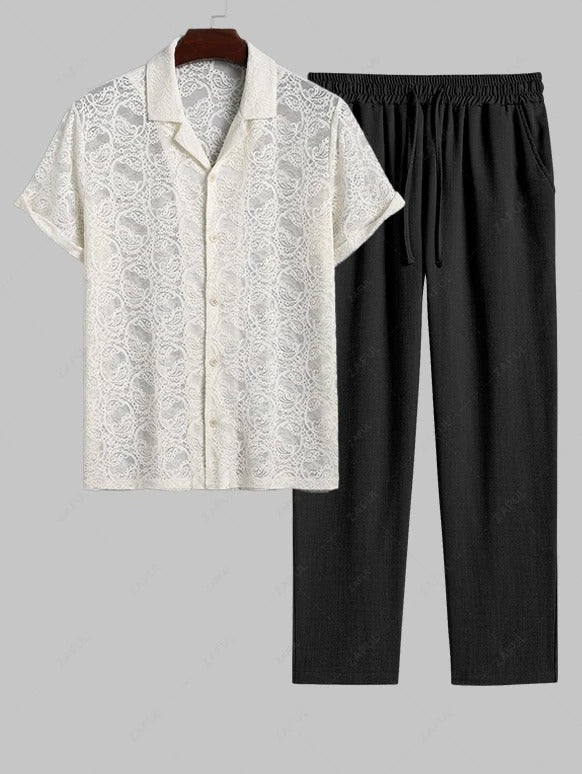 The Silvano Hart – Lace Jacquard Shirt & Linen Drawstring Trousers in Black
