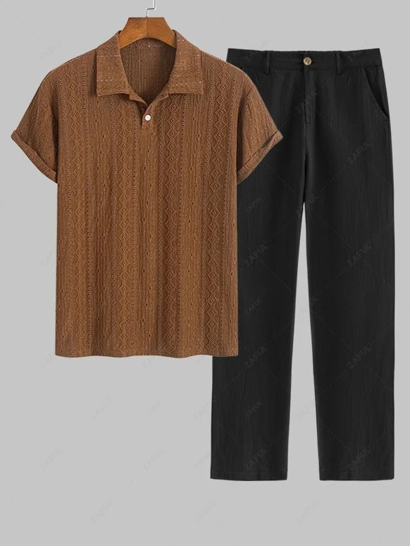 The Everett Cain – Openwork Polo Shirt & Linen Blend Trousers in Coffee