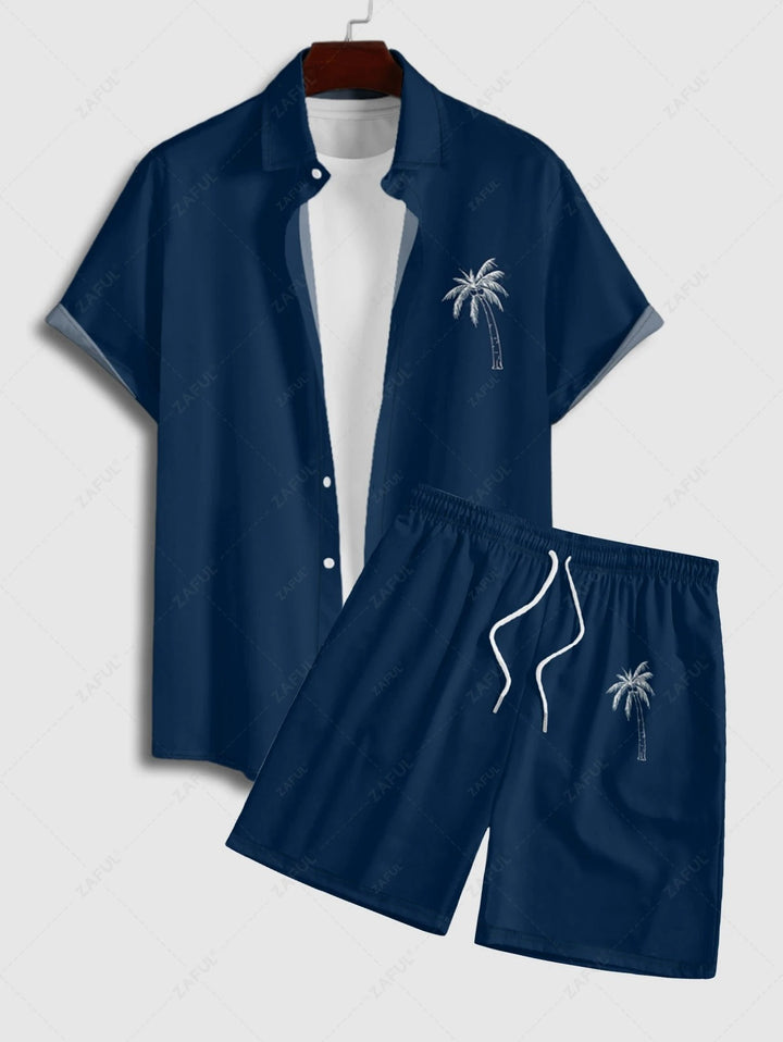 The Lennox Gray – Coconut Tree Print Shirt & Drawstring Shorts in Deep Blue