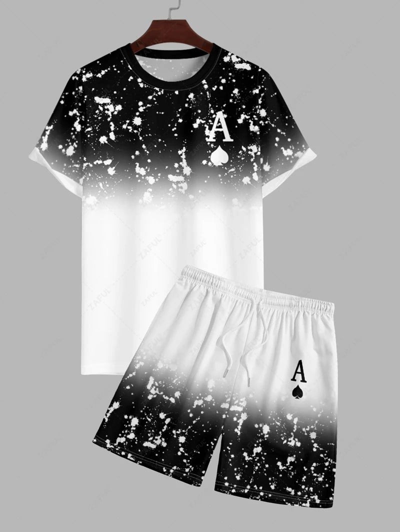 The Castell & Co. – Ace Print Ombre Tee & Drawstring Shorts in White