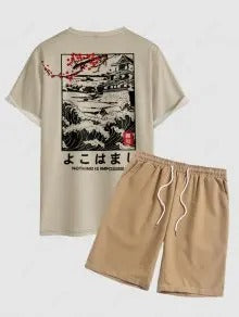 The Kenji Mori – Plum Blossom Tee & Casual Shorts in Light Coffee
