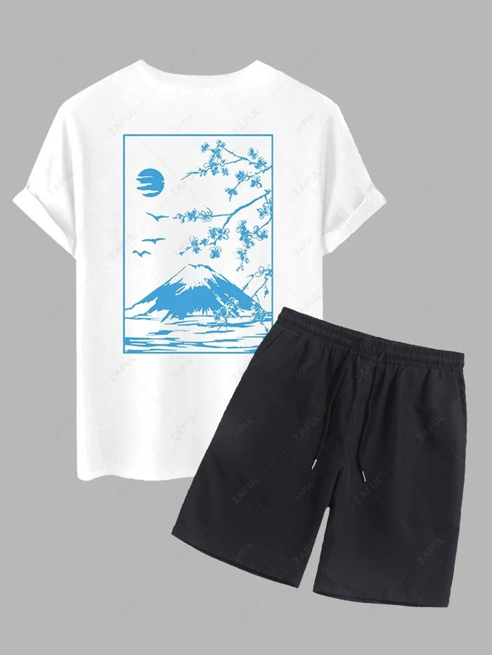 The Jasper Reed – Cherry Blossom Graphic Tee & Casual Shorts in Deep Blue