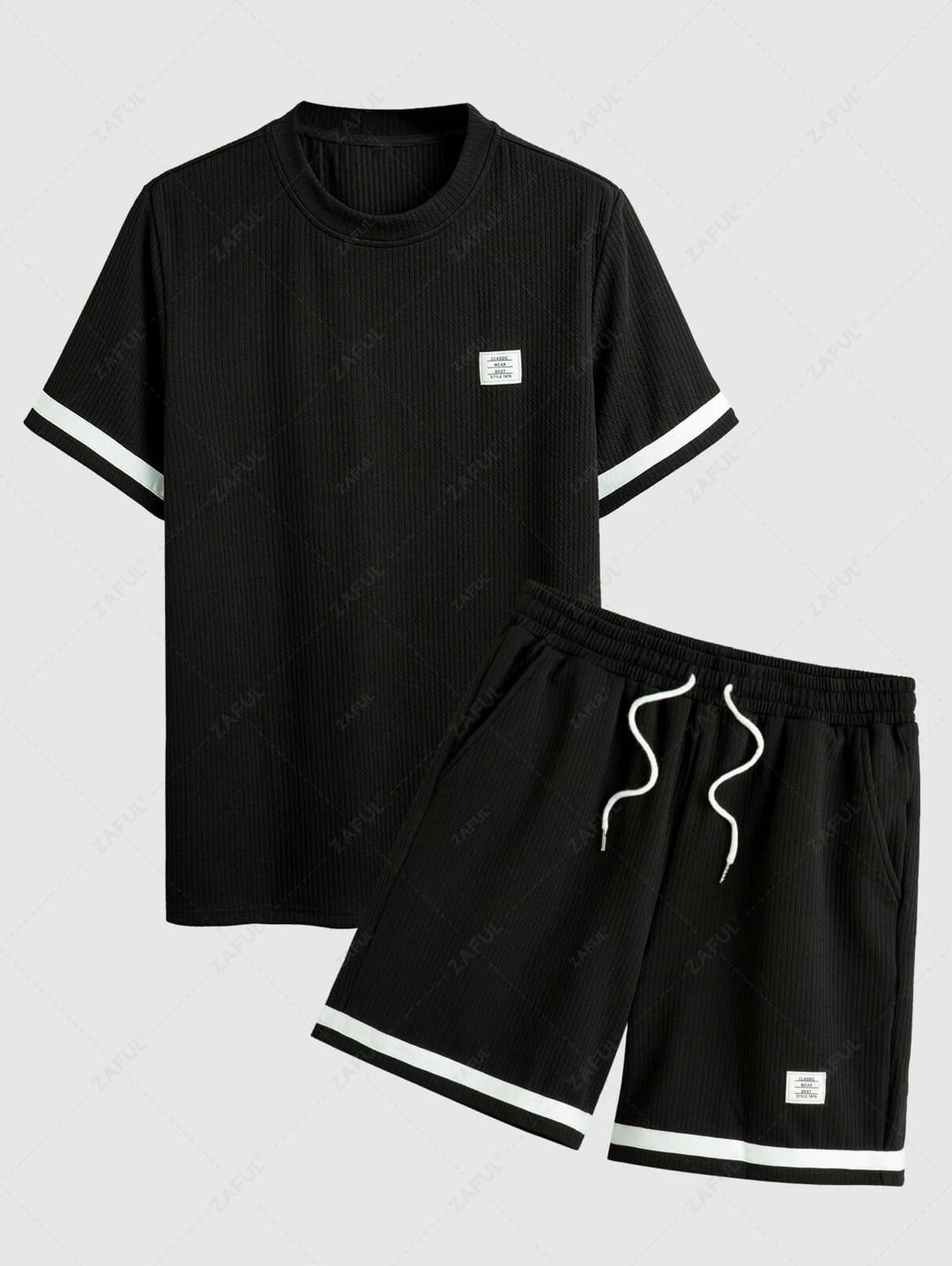 The Mercer Ellison – Jacquard Patch Tee & Drawstring Shorts in Black