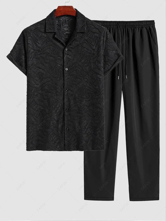 The Dorian Vale – Jacquard Camp Collar Shirt & Drawstring Trousers in Black