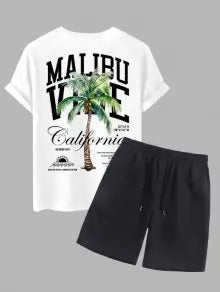 The Hudson Wells – Coconut Tree Sunrise Tee & Solid Casual Shorts in Blue