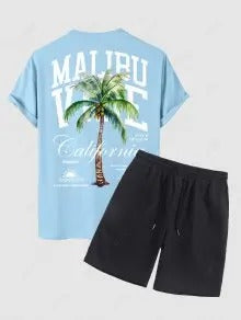 The Hudson Wells – Coconut Tree Sunrise Tee & Solid Casual Shorts in Blue