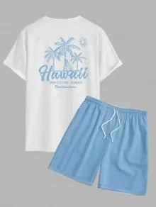 The Hudson Wells – Coconut Tree Sunrise Tee & Solid Casual Shorts in Blue