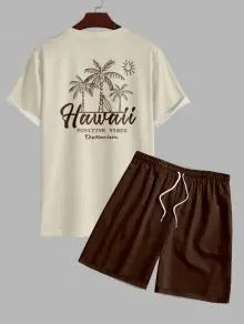The Hudson Wells – Coconut Tree Sunrise Tee & Solid Casual Shorts in Blue