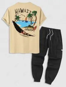 The Hudson Wells – Coconut Tree Sunrise Tee & Solid Casual Shorts in Blue
