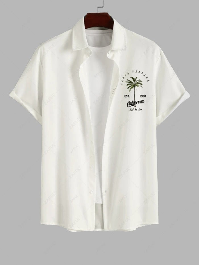 The Hudson Wells – Coconut Tree Sunrise Tee & Solid Casual Shorts in Blue