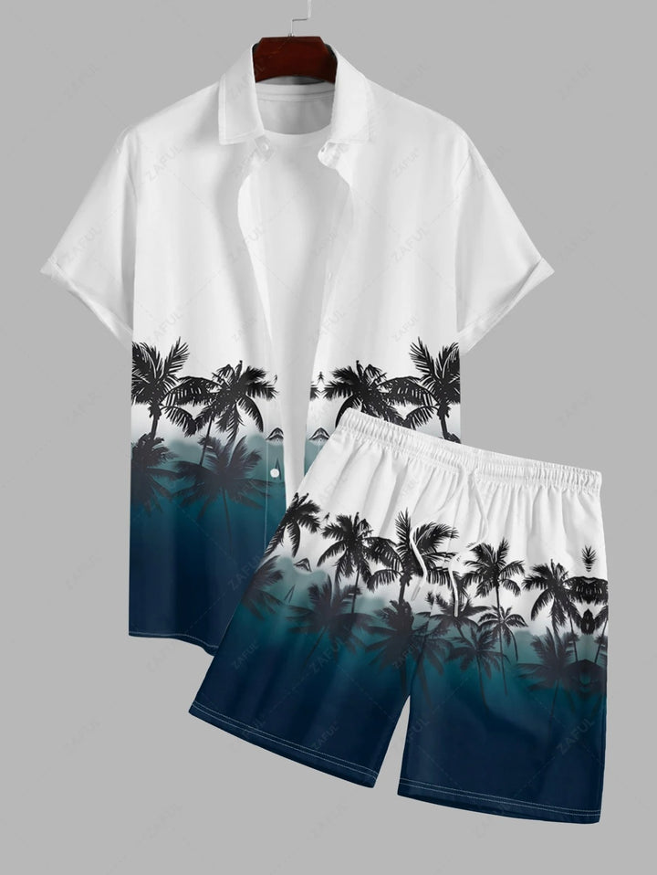 The Camden Locke – Coconut Tree Ombre Shirt & Drawstring Shorts in White