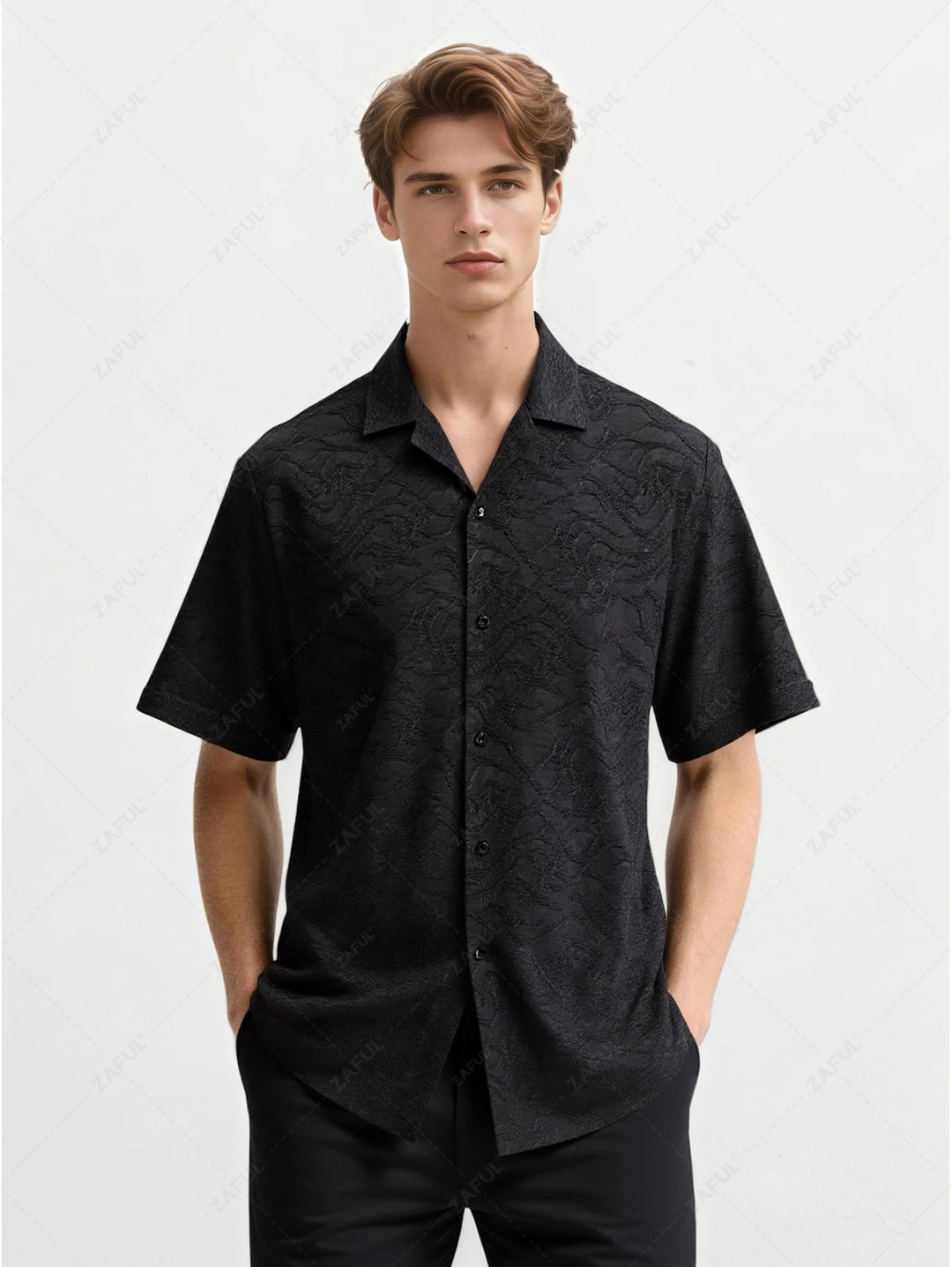The Dorian Vale – Jacquard Camp Collar Shirt & Drawstring Trousers in Black