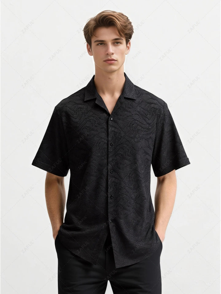 The Dorian Vale – Jacquard Camp Collar Shirt & Drawstring Trousers in Black