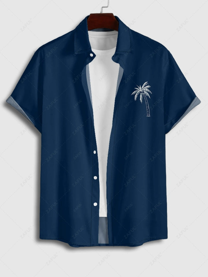 The Lennox Gray – Coconut Tree Print Shirt & Drawstring Shorts in Deep Blue