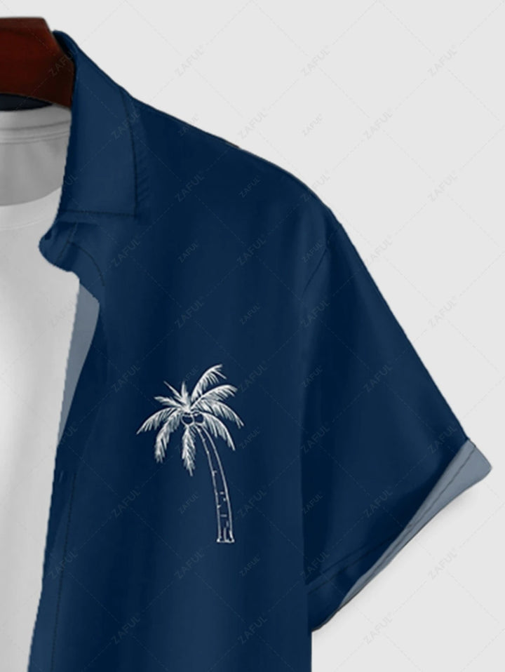 The Lennox Gray – Coconut Tree Print Shirt & Drawstring Shorts in Deep Blue